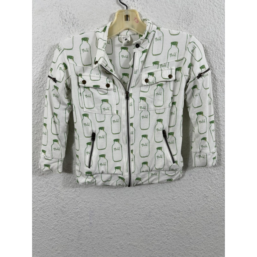 Quinn Jacket Girls 2T White Green Milk Bottle Print‎ Bamboo Zip Moto Sweatshirt